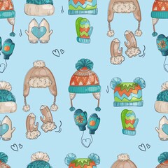 Seamless endless pattern with the image of doodle hand-drawn winter hats and mittens, knitted from wool and suede with fur. Decorated with thread and sheepskin pom-poms. Kids vector illustration