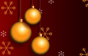 Christmas theme ornaments in gold on gradient red background with blank space on the right for additional text. EPS vector illustrator, adjustable elements