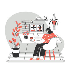 Girl or woman using a computer for collective virtual meeting, group video conference. A person at her desk, communicating with friends online. Vector illustration for video conference, remote work.