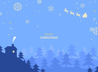Fototapeta na wymiar Illustrated Christmas blue night background. Santa's sleigh and Rudolph are flying in the sky.