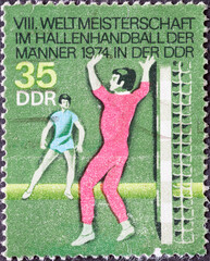 GERMANY, DDR - CIRCA 1974 : a postage stamp from Germany, GDR showing 1974 Men's Indoor Handball World Championship, goalkeeper