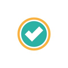 Valid Seal icon. Blue circle with ribbon outline and white tick. Flat OK sticker icon. Isolated on white.