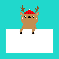 Reindeer, deer face holding white paper. Red Santa hat. Merry Christmas. Cute cartoon kawaii funny baby animal character. Xmas greeting card template. Blue background. Isolated. Flat design.