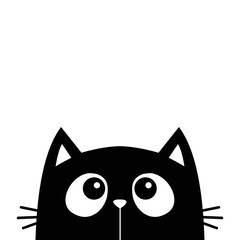 Cute cat face head silhouette looking up. Cartoon baby character. Black kawaii animal. Notebook sticker print template. Pet collection. Flat design style. White background. Isolated.