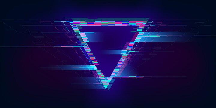 Glitch triangle. Distorted glowing triangle cyberpunk style. Futuristic geometry shape with TV interference effect. Design for promo music events, games, web, banners, backgrounds. Vector illustration