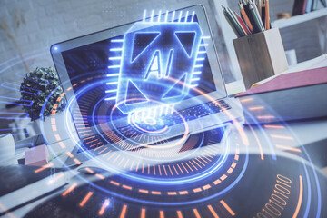 Multi exposure of desktop with personal computer and tech theme drawing. Concept of Bigdata.