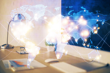 Multi exposure of business theme icons and work space with computer background. Concept of success.