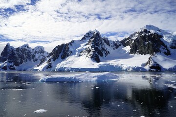 Summer landscape in Antarctica with melting snow, sea, white clouds, icebergs.