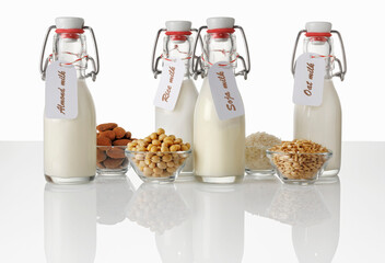 Bottles of vegan drinks with labels