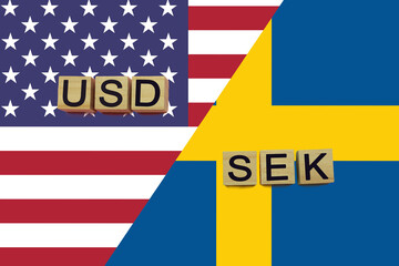 American and Sweden currencies codes on national flags background