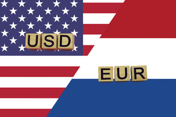 Fototapeta na wymiar American and Dutch currencies codes on national flags background