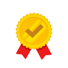 Award rosette ribbon with check mark as achievement golden medal vector icon flat cartoon illustration, idea of recommended certified service label stamp, quality winner, guarantee concept