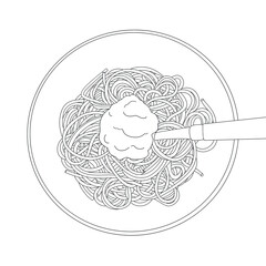 Spaghetti with sauce on the plate with fork line art on the white background. Hand drawn Italian cuisine food illustration