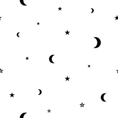 Seamless pattern with black half moon, crescents and stars on white background.