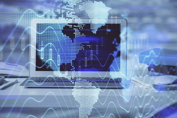 Forex market graph hologram and personal computer on background. Double exposure. Concept of investment.