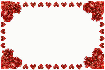 Valentine's day card. Red flower petals in shape of hearts on white background with mockup; copy space.