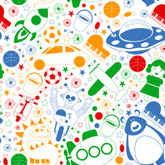 Vector pattern with toys for kids. Car, ufo, alien, airplane, teddy bear.