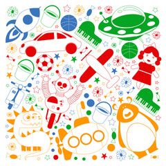 Vector pattern with toys for kids. Car, ufo, alien, airplane, teddy bear.
