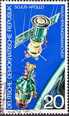 GERMANY, DDR - CIRCA 1975 : a postage stamp from Germany, GDR showing the approach maneuver. Soviet-American space company Soyuz-Apollo