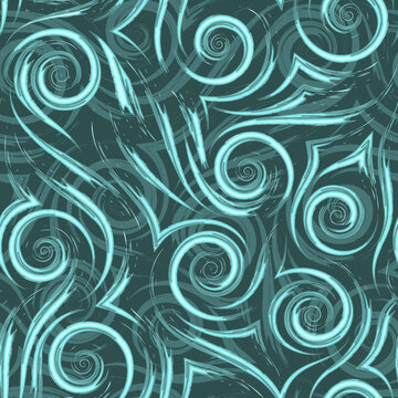 Vector seamless pattern of flowing brush strokes or waves in Tidewater Green color. Smooth spiral stripes and corners green texture for decoration of paper fabrics.