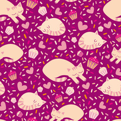 Cute sleeping kawaii cats with cupcakes, sprinkles, hearts. Vector seamless pattern background. Pink backdrop with stretching, curled up cartoon kitties. Hand drawn pet illustration. All over print