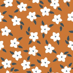 Simple vintage pattern. White flower. Terracotta background. Vector texture. Fashionable print for Wallpaper and textiles.