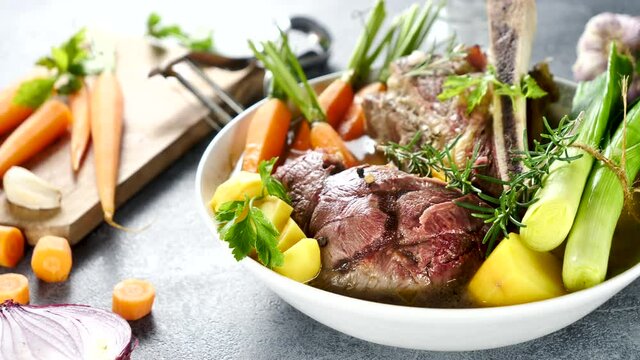 pot au feu- beef stew with broth and vegetable