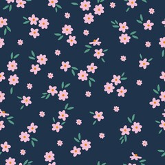 Simple vintage pattern . Small pink flowers. Dark blue background. Vector texture. Elegant fashion print for Wallpaper and textiles.