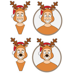  bust of a smiling cartoon man dressed as a Christmas deer in a circle. vector isolated on white background. suitable as a logo