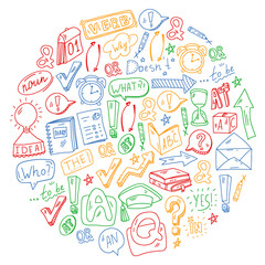 Doodle vector pattern. Illustration of learning English language. E-learning, online education in internet.