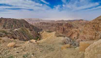 Rocky mountain landscape at Dana bioreserve in Jordan, Middle east. - obrazy, fototapety, plakaty