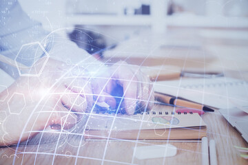Man with multi exposure global network theme icons.