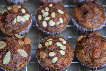 Banana cake placed on a steel grill More delicious with lotus seeds and raisins.