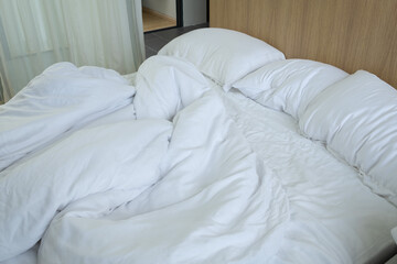 Fototapeta na wymiar white bed background, after sleep, dirty bed 