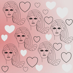 Pattern of womens faces and hearts on a light pink background for textiles.