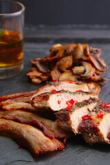 Soft focus photo of fried fillet with mushrooms and slices of bacon.