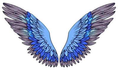 Beautiful magic glittery shiny blue grey wings, vector