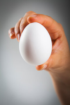 A hand holding a white egg