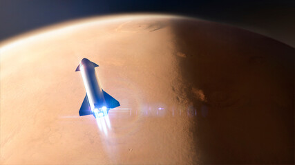 Spaceship over mars atmosphere near to land on the red planet surface for exploration and tourism - concept art - 3D rendering - Elements of this image furnished by NASA © danielegay