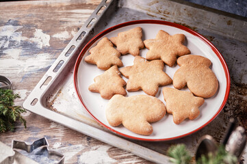 Traditional homemade gingerbread cookie on a round plate. Christmas delicious pastries. Sweet food