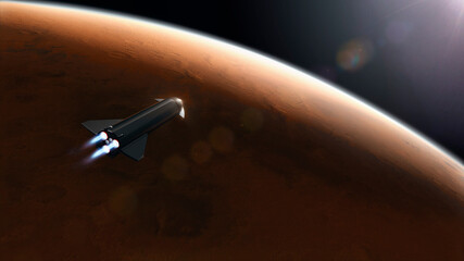 Spaceship over mars surface approaching to enter in the atmosphere of the red planet for exploration and tourism - concept art - 3D rendering - Elements of this image furnished by NASA - obrazy, fototapety, plakaty