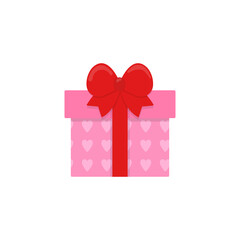 Icon of a pink gift box with hearts and a red bow. Gift on a white background. Winter holiday. Vector illustration