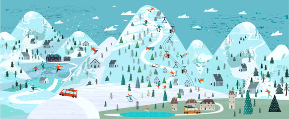 Vector illustration. Winter landscape, mountains, forest, slope houses and ski resort. Scandinavian style illustration. Winter holidays and tourism.
