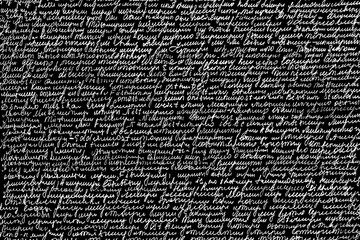 Texture of unreadable text with corrections on a black background. Illegible text on a black background with corrections.