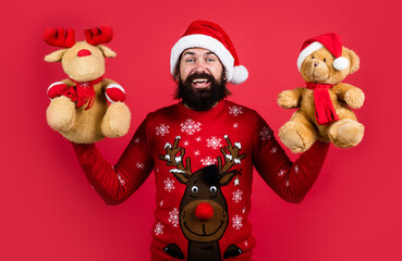 Christmas preparation. party fun. happy new year. merry christmas. seasonal xmas sales. bearded mature man wear knitted sweater with toy. ready for celebration. prepare for winter holidays