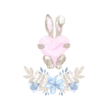 Watercolor funny illustration of a bunny hiding behind a heart. Perfect for printing, textile, web design, souvenirs, photo albums and other creative ideas.