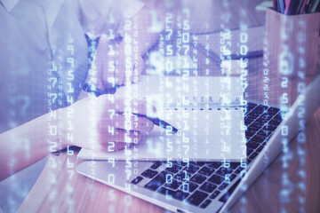 Obraz premium Multi exposure of woman's hands on background with technology and digital coding icons. Data development concept.