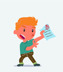 cartoon character of little boy on jeans arguing effusively with exam in hand.