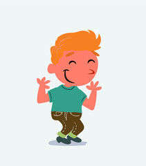 cartoon character of little boy on jeans shrinks somewhat shy