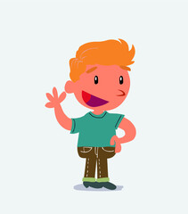 cartoon character of little boy on jeans waving happily